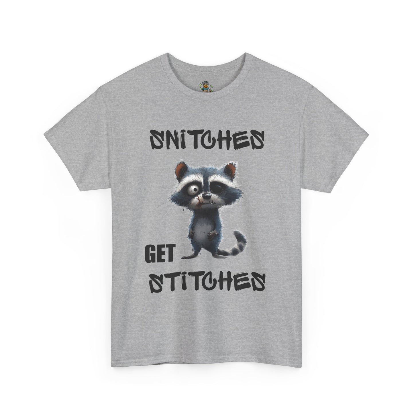 Raccoon “Snitches Get Stitches” Graphic Tee