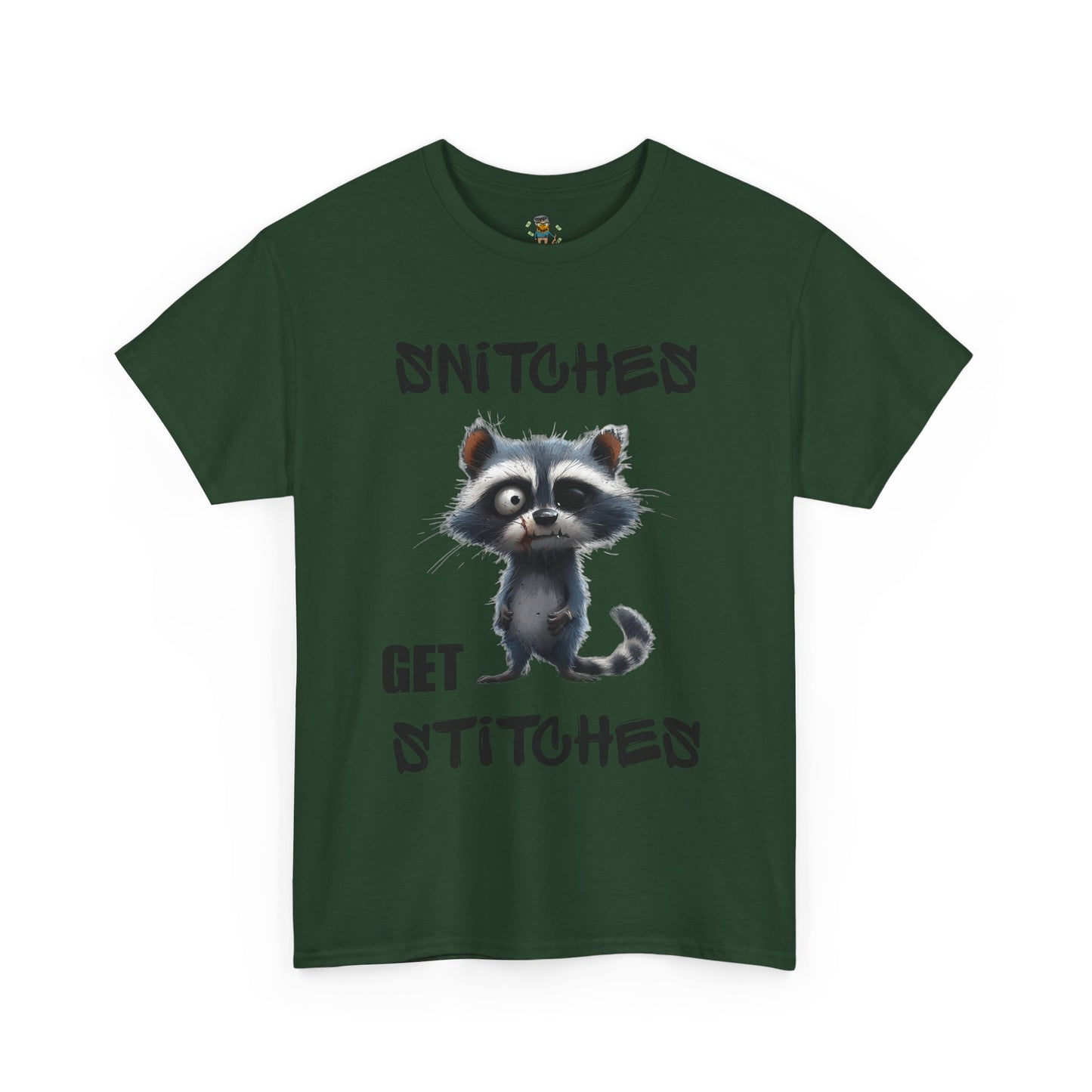Raccoon “Snitches Get Stitches” Graphic Tee