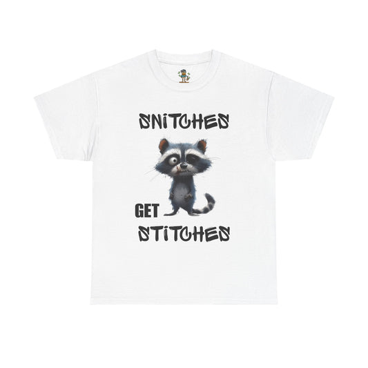 Raccoon “Snitches Get Stitches” Graphic Tee