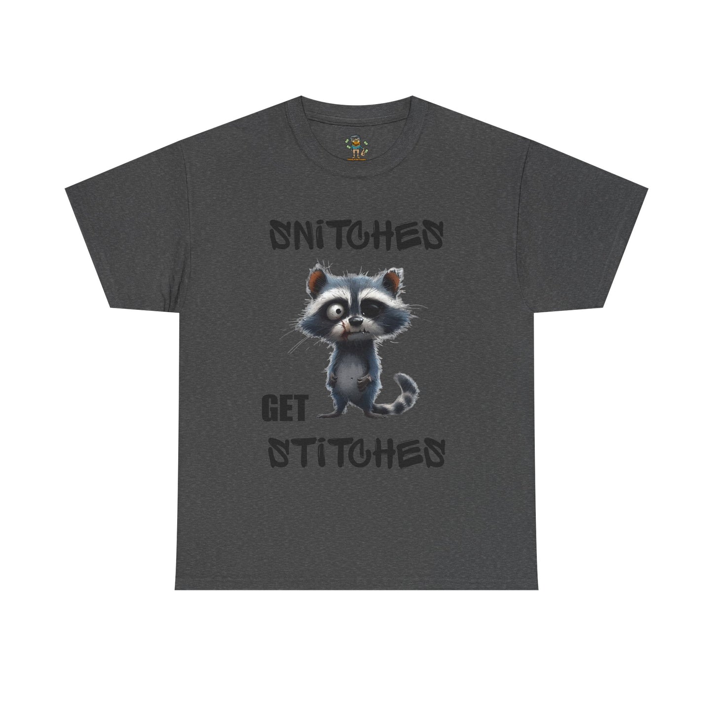 Raccoon “Snitches Get Stitches” Graphic Tee